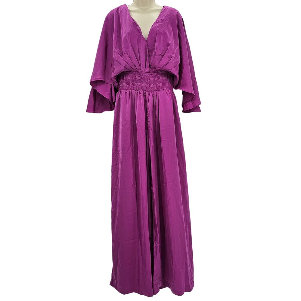 Pink Lily Womans size M Satin Bat Wing Wide Leg Snap V-Neck Jumpsuit Purple